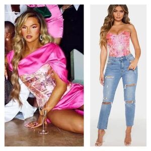 Pretty Little Thing PINK FLORAL JACQUARD SATIN CORSET XS Size‎ 2